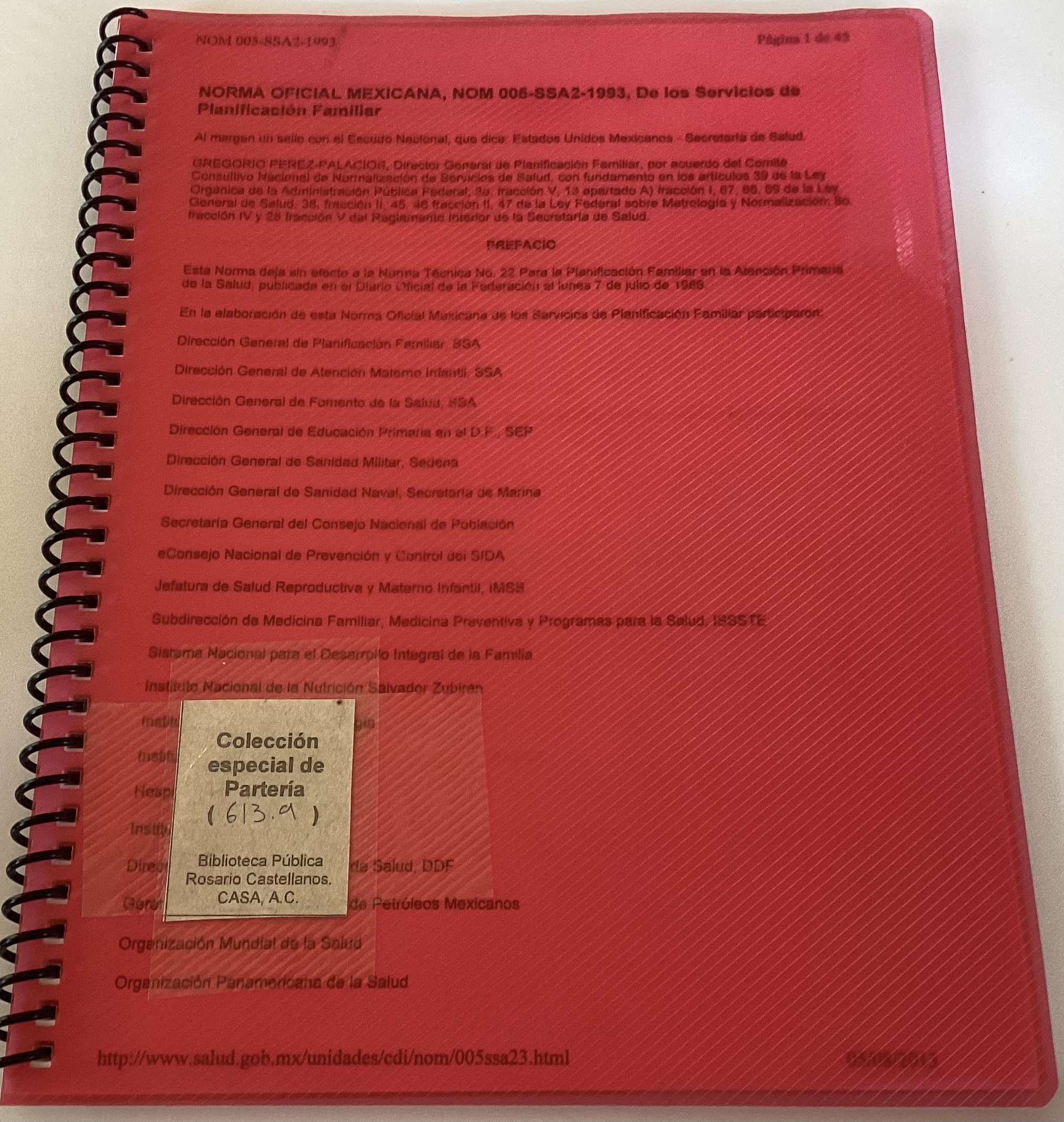 Portada de Norma Oficial Mexicana, NOM 005-SSA2-1993, De los servicios de planificación familiar