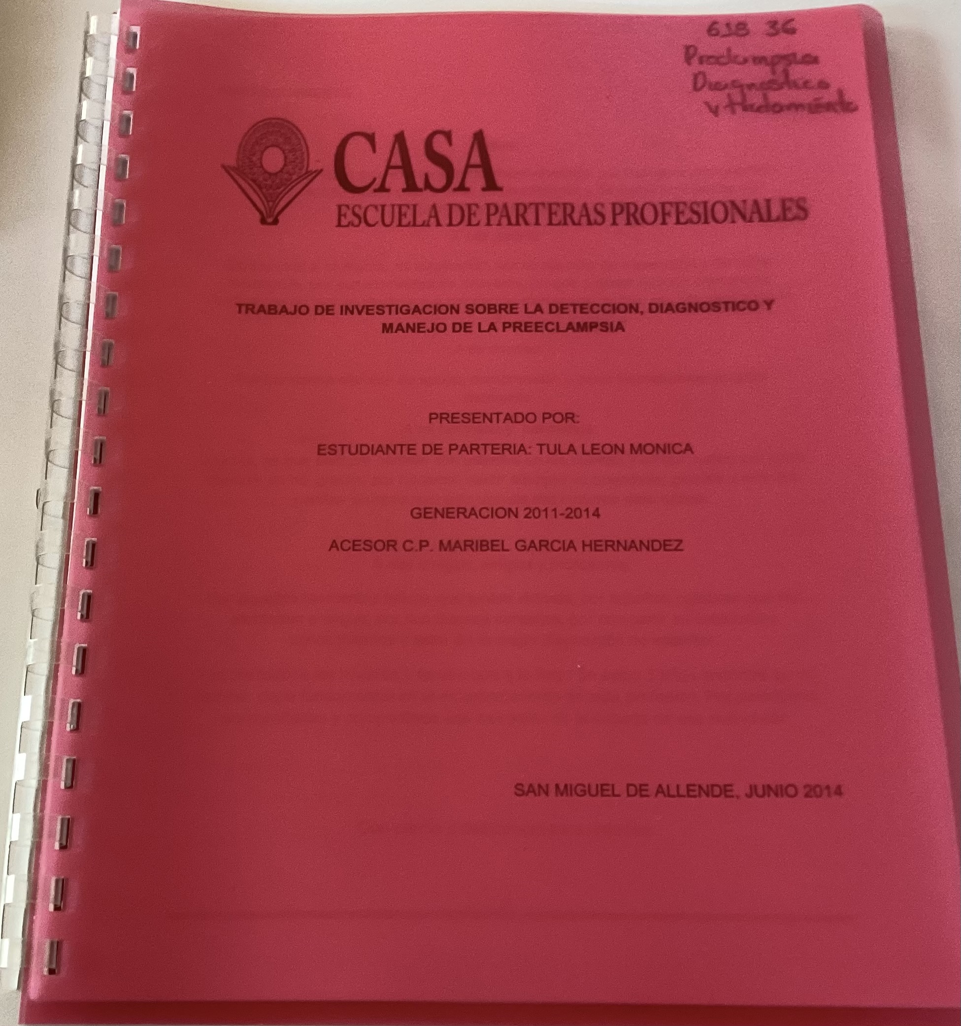 Portada de Trabajo de investigación sobre la detección, diagnostico y manejo de la preeclampsia