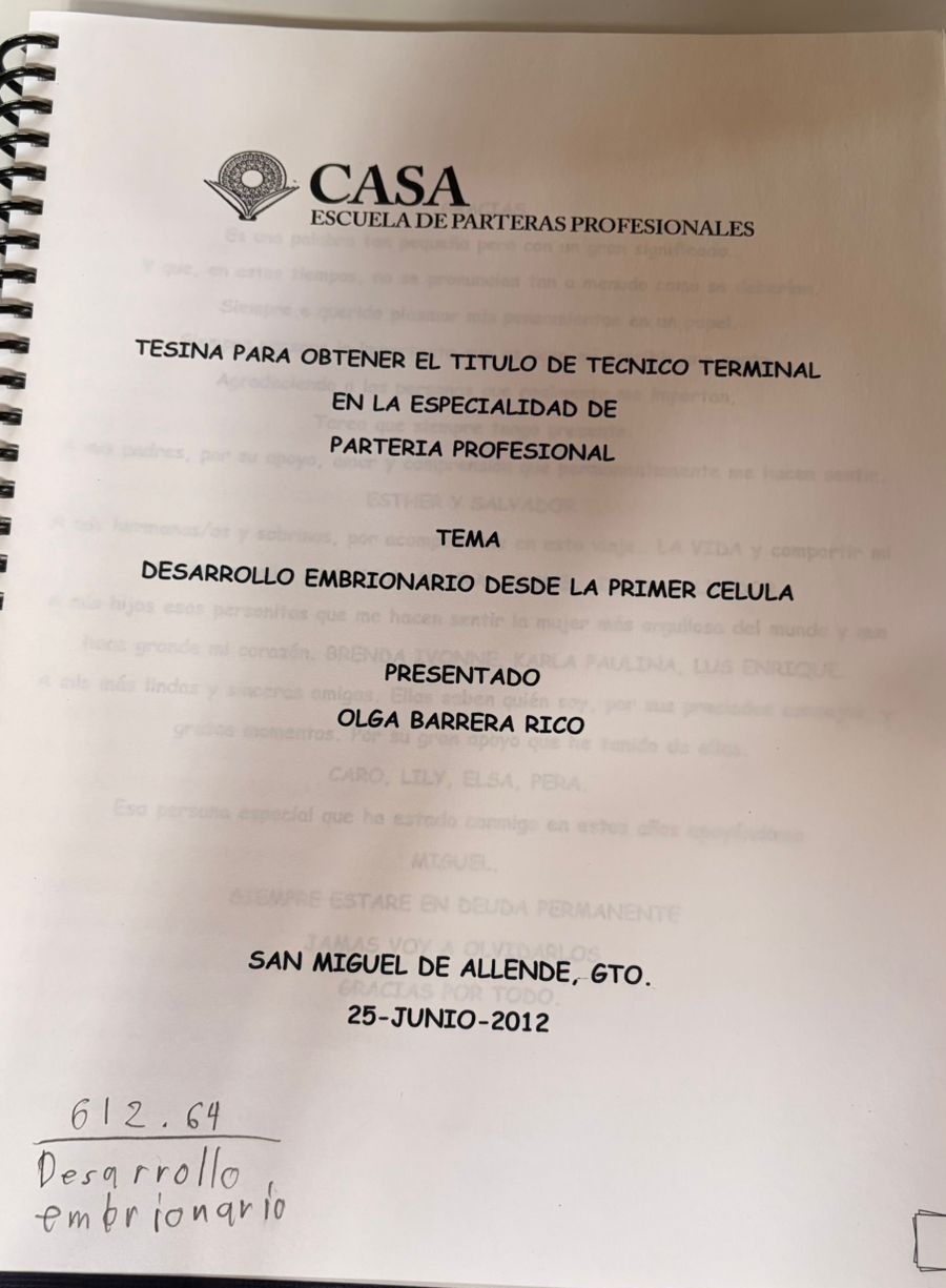 Portada de Tesina para obtener el titulo de técino terminal en la especialidad de parteria profesional
