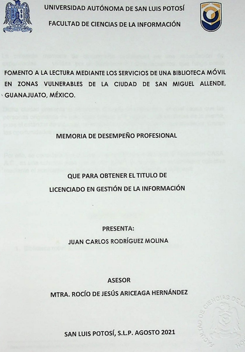 Portada de Fomento a la lectura mediante los servicios de una biblioteca móvil en zonas vulnerables de la Ciudad de San Miguel de Allende, Guanajuato, México