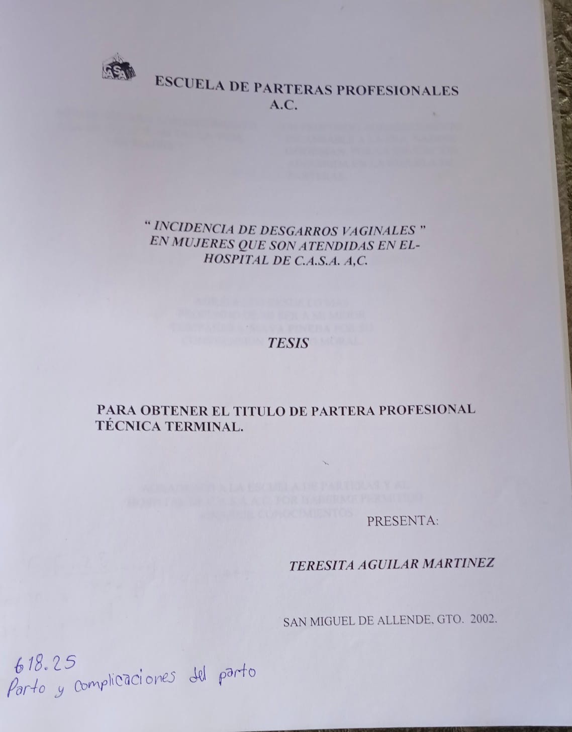 Portada de “Incidencias de desgarros vaginales” En mujeres que son atendidas en el hospital de CASA A.C